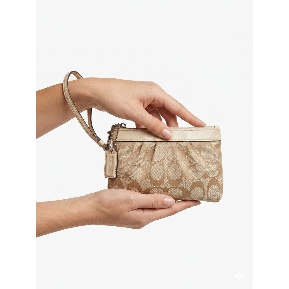 Authentic Coach Khaki Monogram Wristlet with Patent Trim